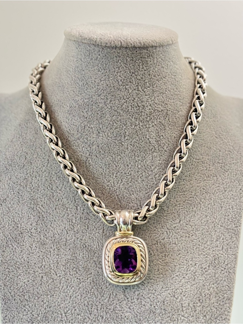 David Yurman 925 & 14k Gold XXL Albion Pendant Necklace with Amethyst 16"